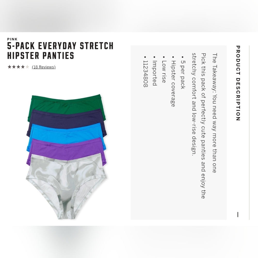 Victoria's secret pink 5 pack everyday stretch hipster panties multi pack MEDIUM